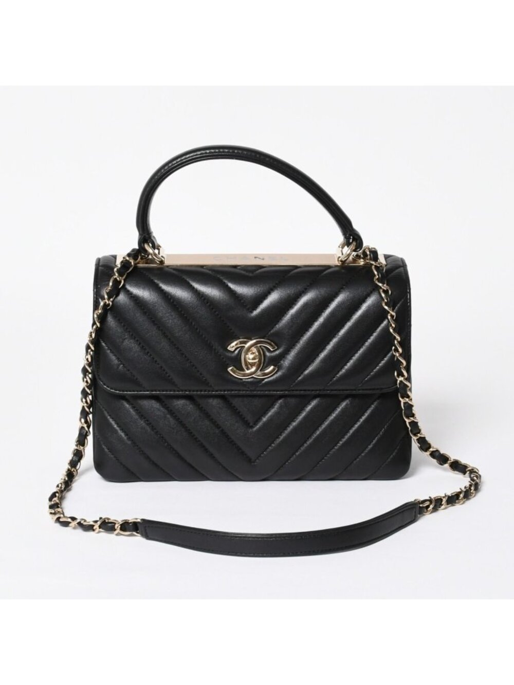 Chanel Chevron Top Handle 2-Way Bag CC Logo Lambskin Black Gold
